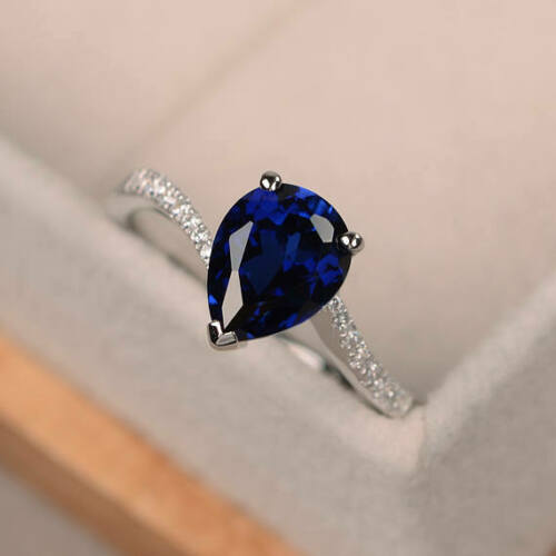 1.5 Ct Pear Cut Blue Sapphire Diamond Engagement Ring 14K White Gold Over 925 Sterling Silver