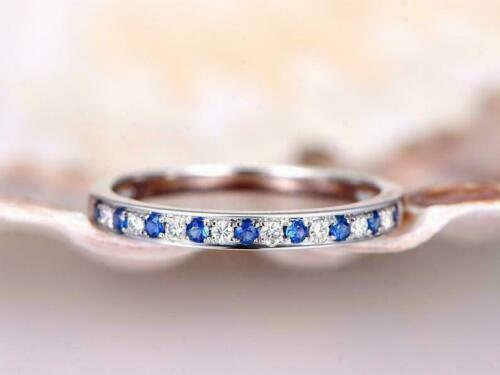 1 Ct Round Cut Blue Sapphire Diamond 14K White Gold Over Half Eternity Wedding Band Promise Ring 925 Sterling Silver