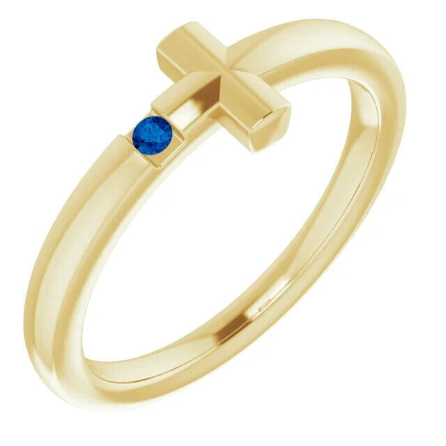 1 Ct Round Cut Blue Sapphire Diamond 14K Yellow Gold Finish Youth Sideways Cross Ring 925 Sterling Silver