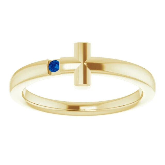 1 Ct Round Cut Blue Sapphire Diamond 14K Yellow Gold Finish Youth Sideways Cross Ring 925 Sterling Silver