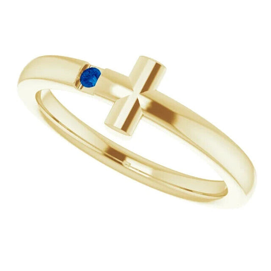 1 Ct Round Cut Blue Sapphire Diamond 14K Yellow Gold Finish Youth Sideways Cross Ring 925 Sterling Silver