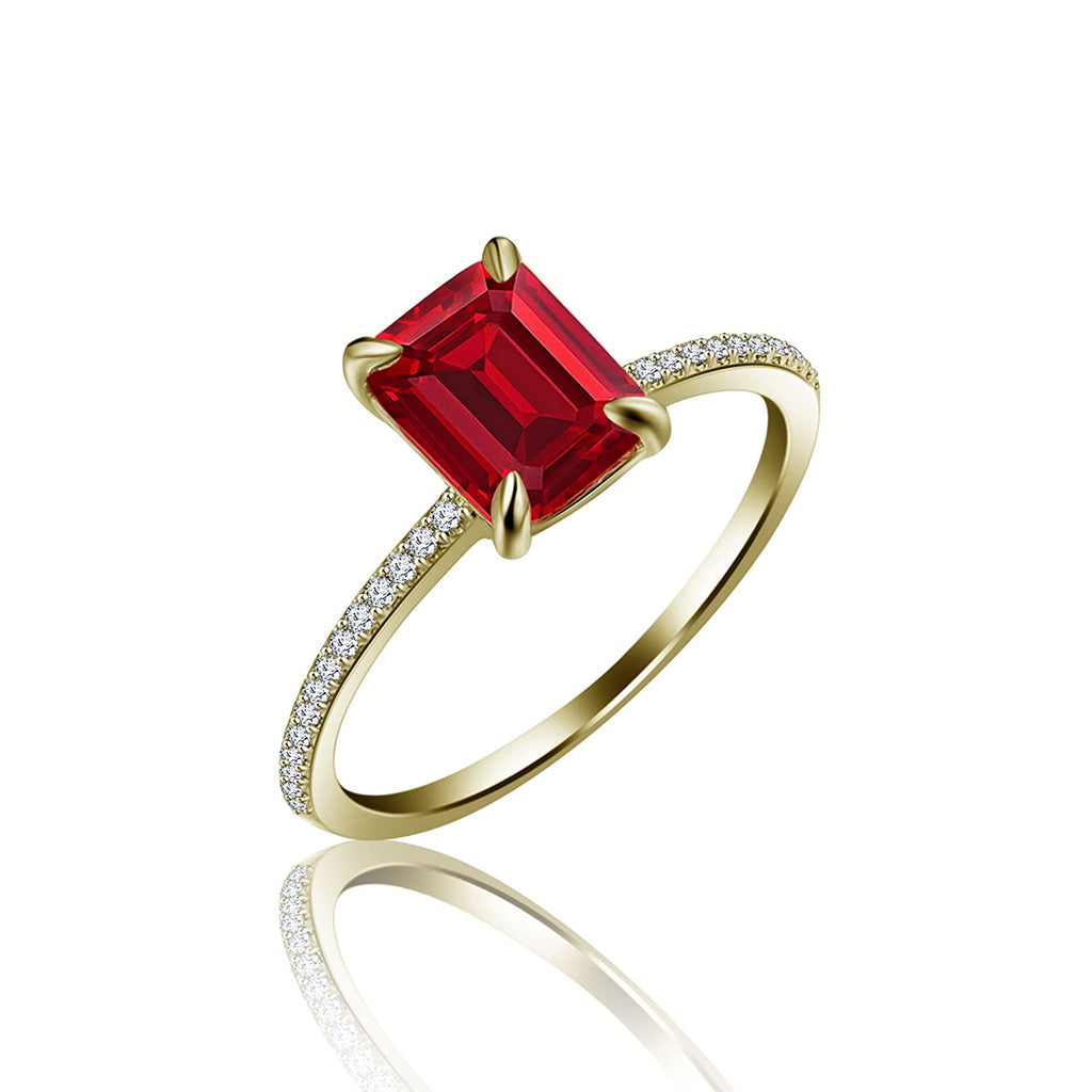 1 Ct Emerald Cut Red Garnet Diamond 14K Yellow Gold Over Plated Solitaire Ring For Women's 925 Sterling Silver