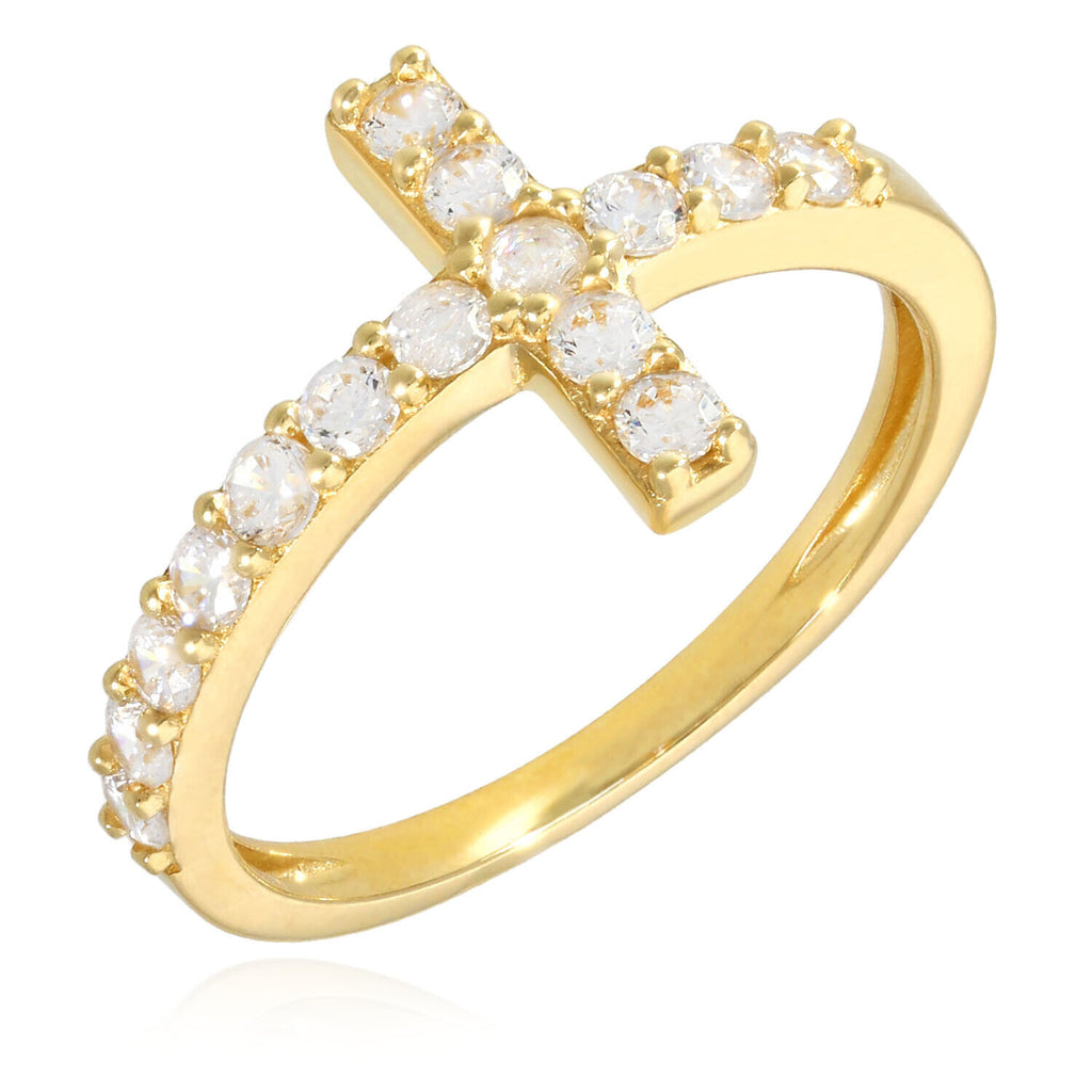 1 Ct Round Cut Simulated Diamond 14K Yellow Gold Finish Sideways Cross Promise Ring 925 Sterling Silver