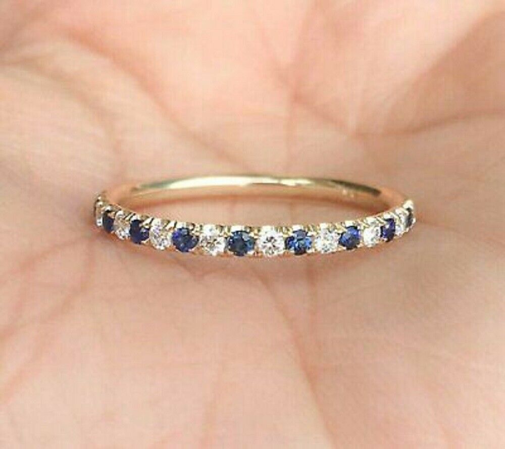 0.50 Ct Round Cut Blue Sapphire Diamond 14K Yellow Gold Over Anniversary Wedding Band Ring On 925 Sterling Silver