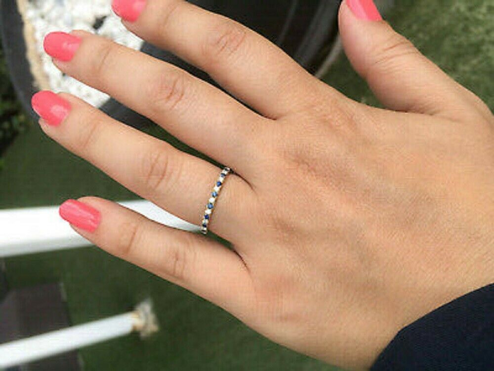 0.50 Ct Round Cut Blue Sapphire Diamond 14K Yellow Gold Over Anniversary Wedding Band Ring On 925 Sterling Silver