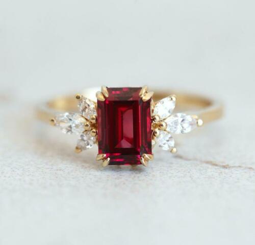 1 CT Emerald Cut Red Ruby 14K Yellow Gold Over Diamond Solitaire Promise Ring
