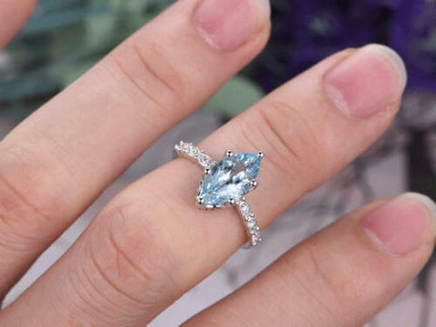 2 CT Marquise Cut Blue Aquamarine Diamond 14K White Gold Over Solitaire Promise Ring on 925 Sterling Silver