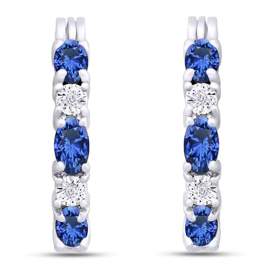 1 Ct Oval & Round Cut Diamond Bule Sapphire 14K White Gold Over Huggie Hoop Earrings 925 Sterling Silver