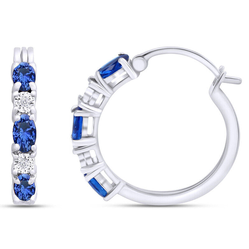 1 Ct Oval & Round Cut Diamond Bule Sapphire 14K White Gold Over Huggie Hoop Earrings 925 Sterling Silver
