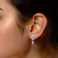 1 Ct Oval & Round Cut Diamond Bule Sapphire 14K White Gold Over Huggie Hoop Earrings 925 Sterling Silver