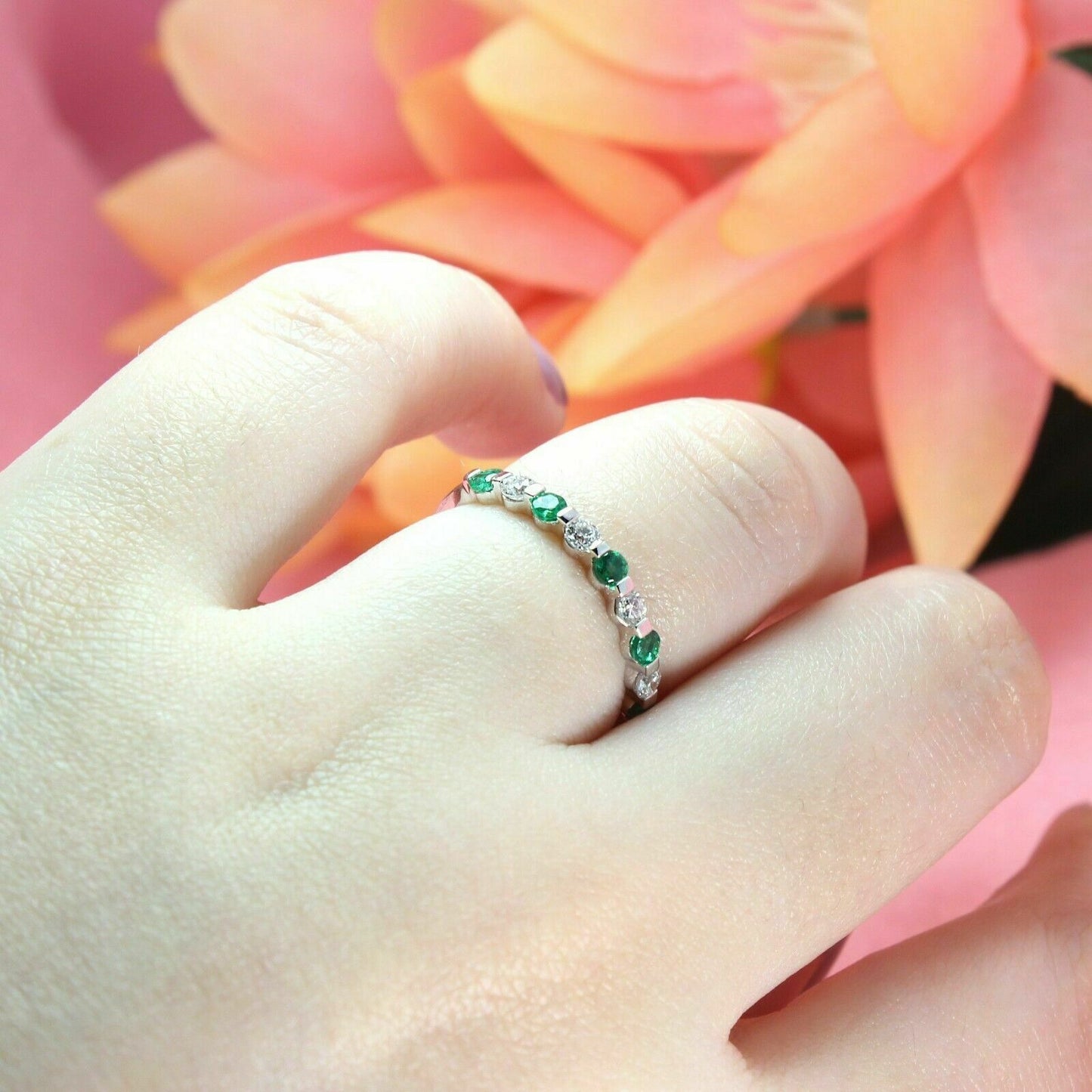 1/5Ct Round Cut Green Emerald Diamond Half Eternity Wedding Band 14K White Gold Plated