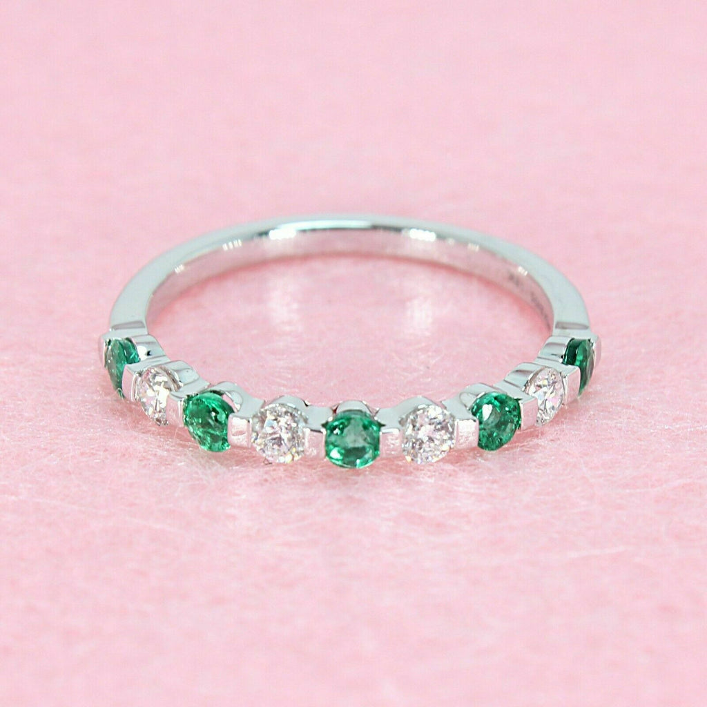 1/5Ct Round Cut Green Emerald Diamond Half Eternity Wedding Band 14K White Gold Plated