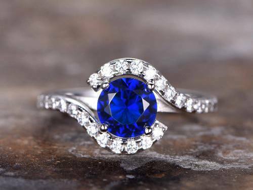 2.15CT Round Cut Blue Sapphire & Diamond Engagement Ring 14K White Gol –  atjewels.in