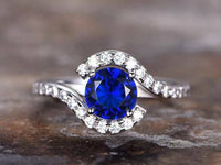 2.15CT Round Cut Blue Sapphire & Diamond Engagement Ring 14K White Gold Finish 925 Sterling Silver