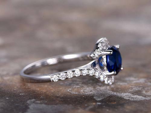 2.15CT Round Cut Blue Sapphire & Diamond Engagement Ring 14K White Gold Finish 925 Sterling Silver