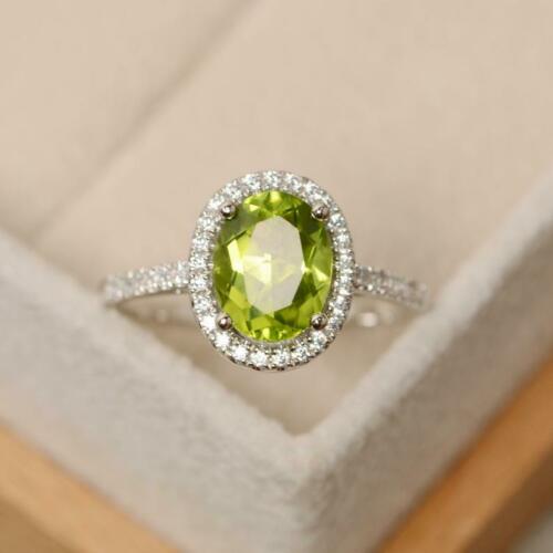 2.25 Ct Oval Cut Green Peridot Diamond 14K White Gold Over Anniversary Halo Ring 925 Sterling Silver