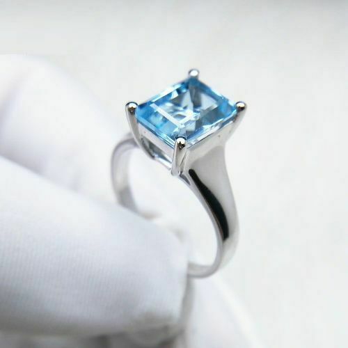 2Ct Emerald Cut Blue Topaz Diamond 14K White Gold Finish Solitaire Anniversary Ring 925 Sterling Silver