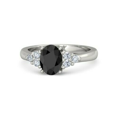 2.50 CT Oval Cut Black Onyx Diamond 14K White Gold Over Anniversary Wedding Halo Ring 925 Sterling Silver