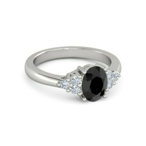 2.50 CT Oval Cut Black Onyx Diamond 14K White Gold Over Anniversary Wedding Halo Ring 925 Sterling Silver