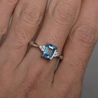 2Ct Emerald Cut Blue Aquamarine Diamond 14K White Gold Finish Engagement Halo Ring On 925 Sterling Silver