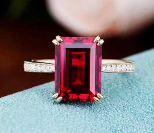 2Ct Emerald Cut Red Ruby Diamond 14K Yellow Gold Plated Engagement Halo Ring 925 Sterling Silver