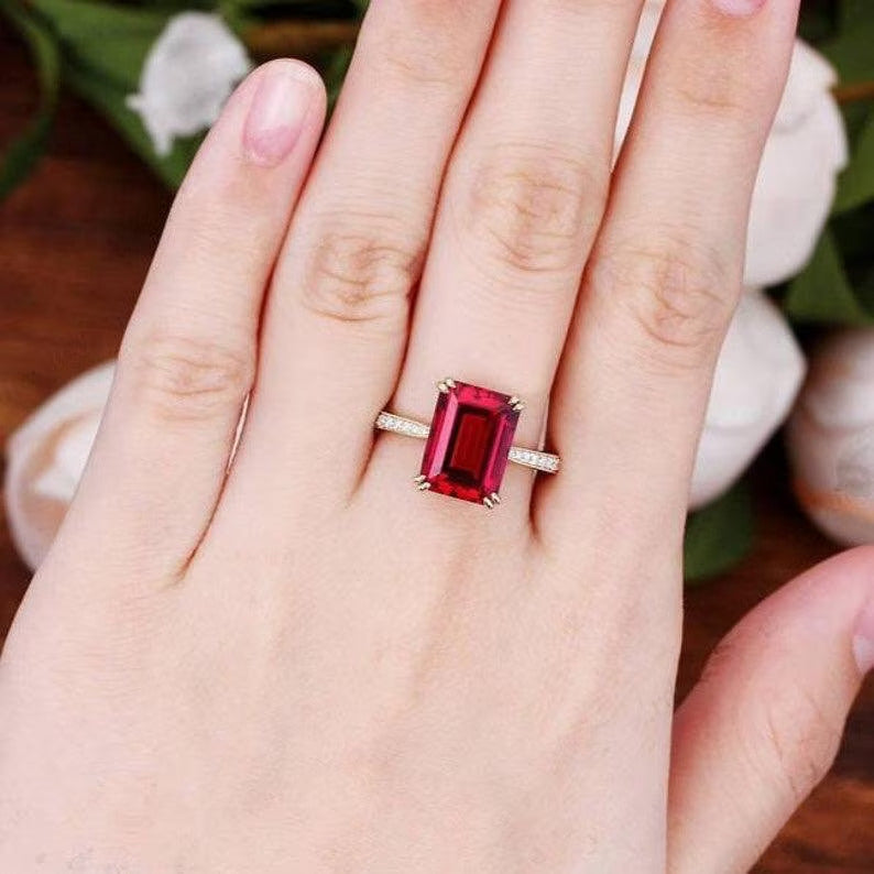 2Ct Emerald Cut Red Ruby Diamond 14K Yellow Gold Plated Engagement Halo Ring 925 Sterling Silver