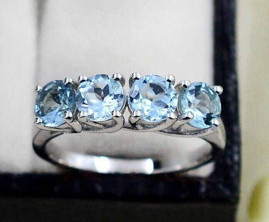 2Ct Round Cut Blue Aquamarine Diamond 14K White Gold Finish Anniversary Wedding Band Ring For Women On 925 Sterling Silver