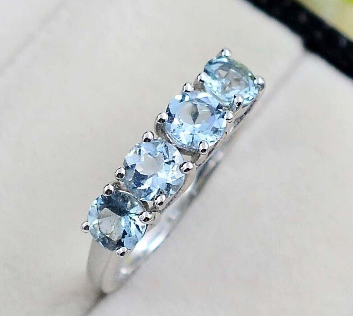 2Ct Round Cut Blue Aquamarine Diamond 14K White Gold Finish Anniversary Wedding Band Ring For Women On 925 Sterling Silver