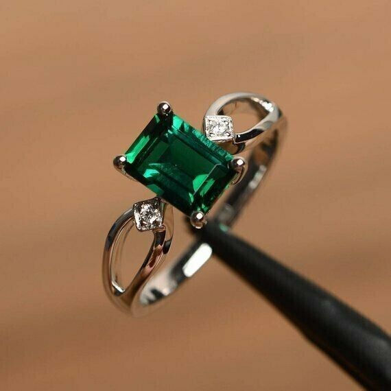 2Ct Emerald Cut Green Emerald Diamond 14K White Gold Over Engagement Solitaire Ring 925 Sterling Silver