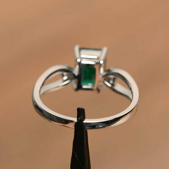 2Ct Emerald Cut Green Emerald Diamond 14K White Gold Over Engagement Solitaire Ring 925 Sterling Silver