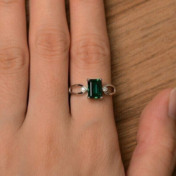 2Ct Emerald Cut Green Emerald Diamond 14K White Gold Over Engagement Solitaire Ring 925 Sterling Silver