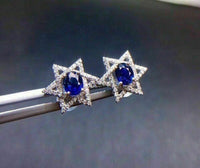 2Ct Oval Cut & Round Cut Blue Sapphire Diamond 14K White Gold Plated Lab Created Women's Earrings 925 Sterling Silver