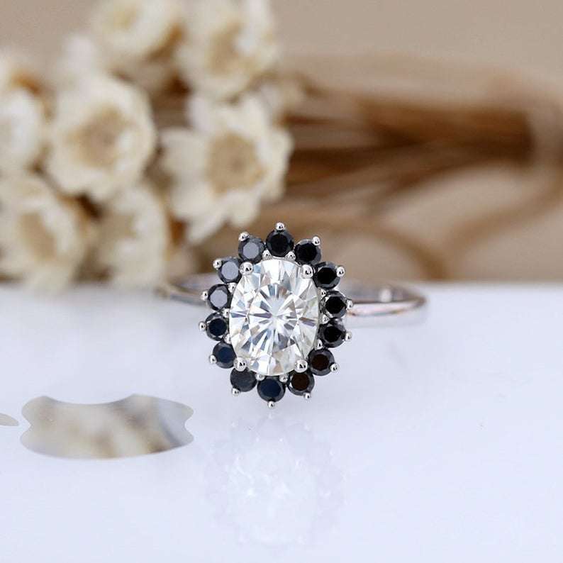 2 Ct Oval Cut Black & White Diamond 14K White Gold Over Halo Solitaire Gift Ring 925 Sterling Silver Plated