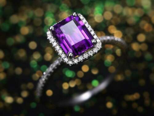 2Ct Emerald Cut Purple Amethyst Diamond 14k White Gold Over 925 Sterling Silver Plated Halo Engagement Ring