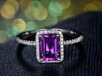 2Ct Emerald Cut Purple Amethyst Diamond 14k White Gold Over 925 Sterling Silver Plated Halo Engagement Ring