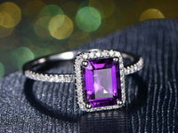 2Ct Emerald Cut Purple Amethyst Diamond 14k White Gold Over 925 Sterling Silver Plated Halo Engagement Ring