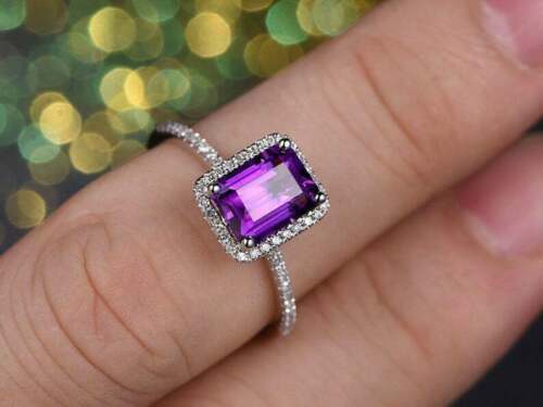 2Ct Emerald Cut Purple Amethyst Diamond 14k White Gold Over 925 Sterling Silver Plated Halo Engagement Ring