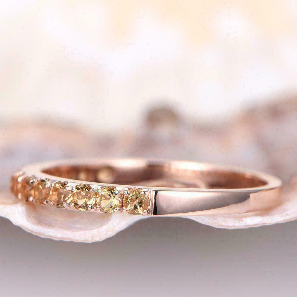2Ct Round Cut Yellow Citrine Wedding Band Ring 14k Rose Gold Over Plated on 925 Sterling Silver