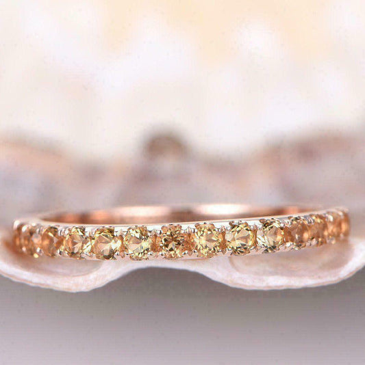 2Ct Round Cut Yellow Citrine Wedding Band Ring 14k Rose Gold Over Plated on 925 Sterling Silver