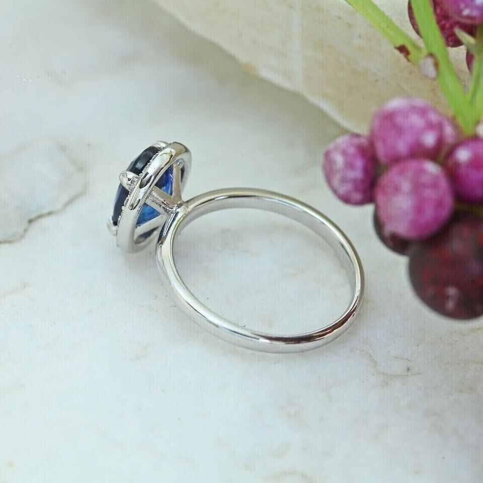 3Ct Oval Cut Blue Sapphire Daimond 14k White Gold Plated Engagement Women Halo Ring 925 Sterling Silver