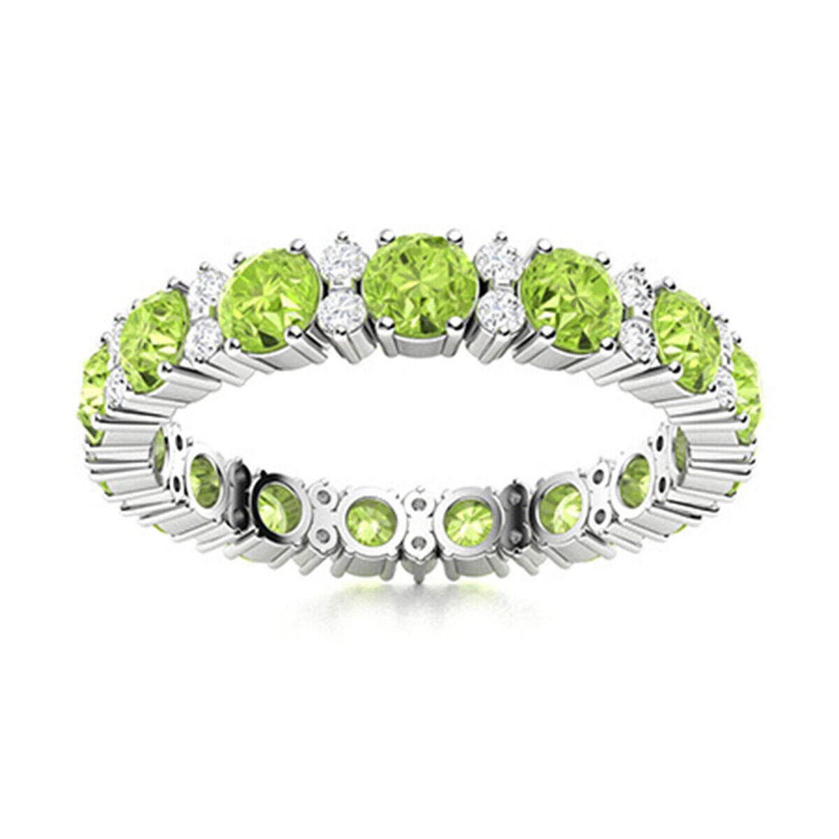 2 Ct Round Cut Green Peridot Diamond 14K White Gold Finish Full Eternity Women Ring  925 Sterling Silver