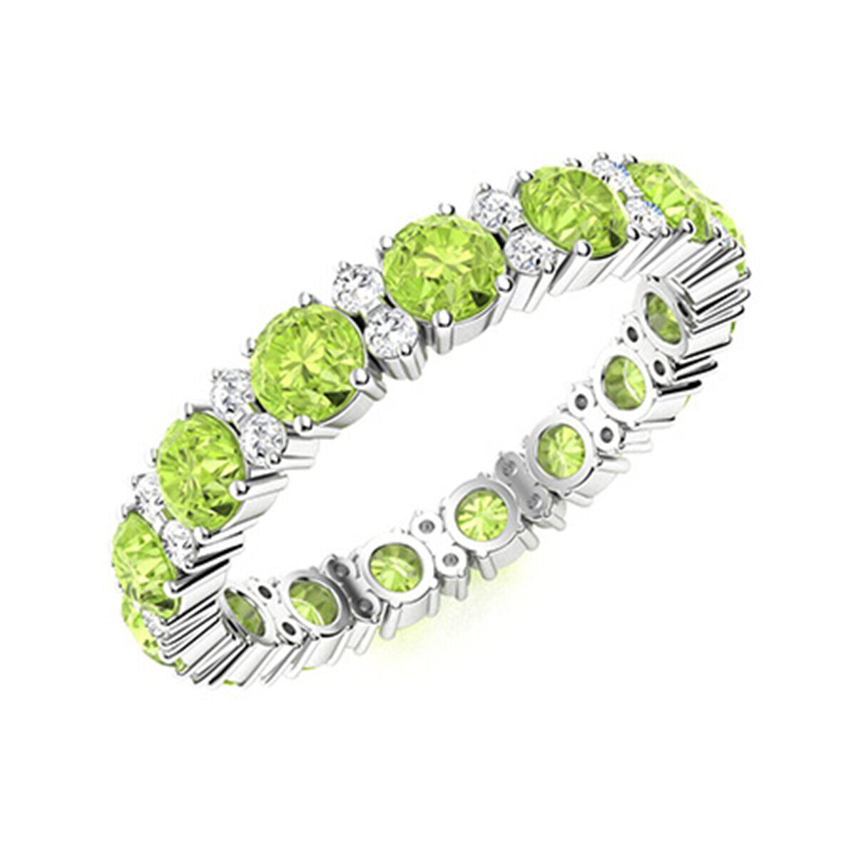 2 Ct Round Cut Green Peridot Diamond 14K White Gold Finish Full Eternity Women Ring  925 Sterling Silver