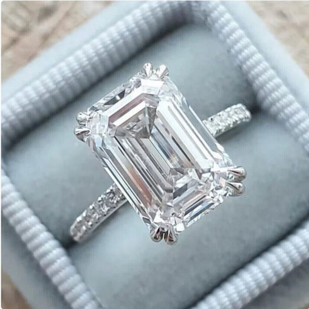 5.70 Ct Emerald Cut White Diamond14K White Gold Finish Solitaire Ring 925 Sterling Silver