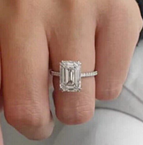 5.70 Ct Emerald Cut White Diamond14K White Gold Finish Solitaire Ring 925 Sterling Silver