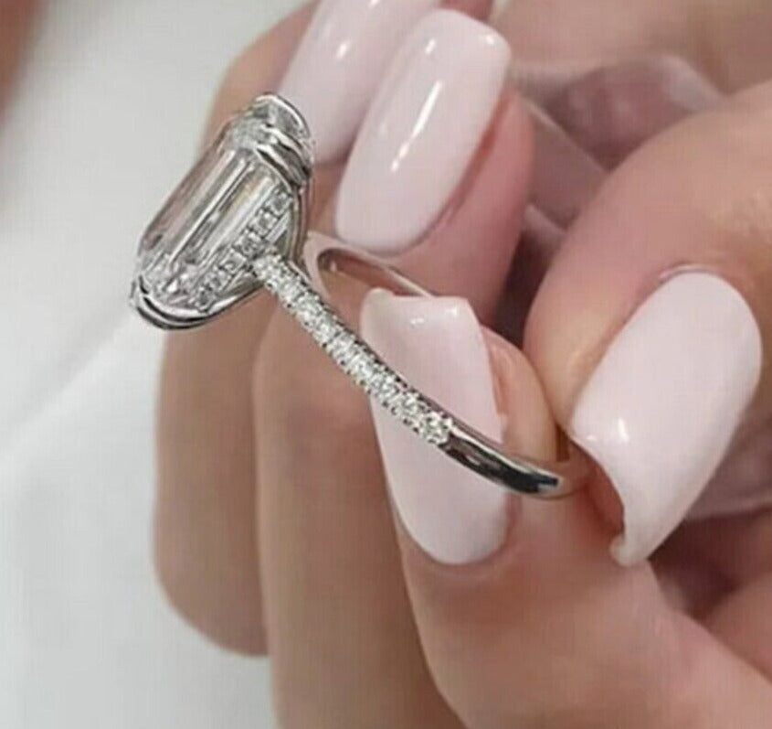 5.70 Ct Emerald Cut White Diamond14K White Gold Finish Solitaire Ring 925 Sterling Silver