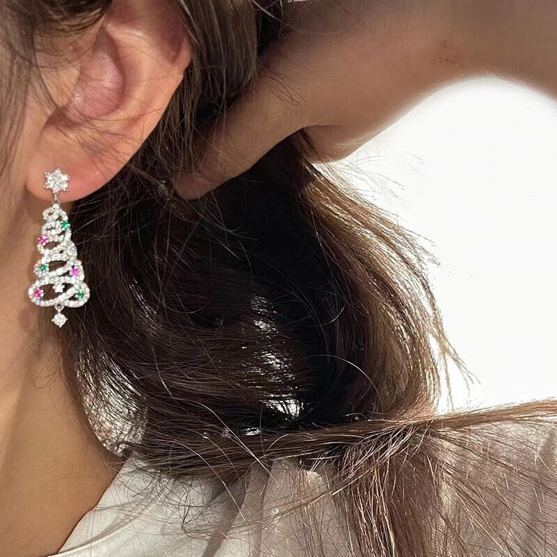 1 Ct Round Cut Diamond 14K White Gold Over Crystal Christmas Tree Drop Dangle Earrings Women 925 Sterling Silver