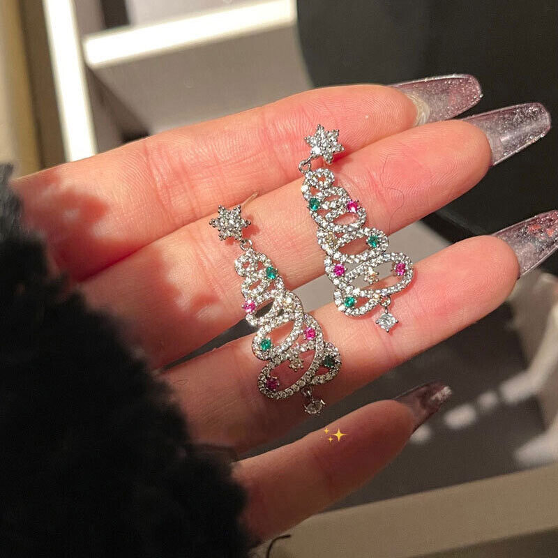 1 Ct Round Cut Diamond 14K White Gold Over Crystal Christmas Tree Drop Dangle Earrings Women 925 Sterling Silver