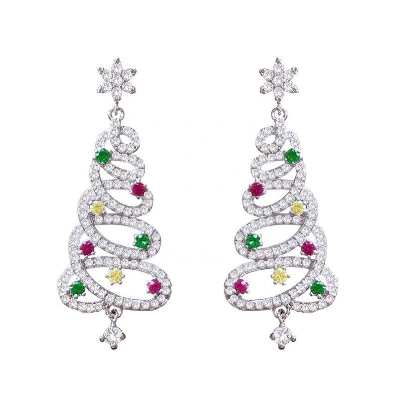 1 Ct Round Cut Diamond 14K White Gold Over Crystal Christmas Tree Drop Dangle Earrings Women 925 Sterling Silver