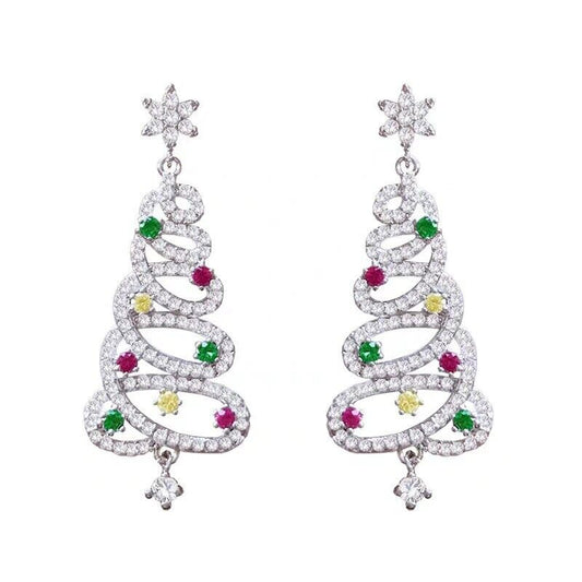 1 Ct Round Cut Diamond 14K White Gold Over Crystal Christmas Tree Drop Dangle Earrings Women 925 Sterling Silver