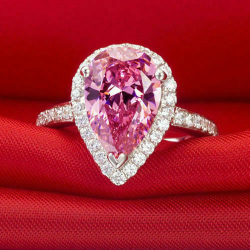 2.91Ct Pear Cut Pink Sapphire Diamond 14K White Gold Over Anniversary Halo Ring 925 Sterling Silver